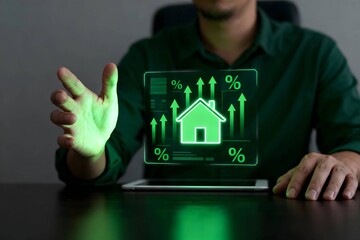 Businessman analyzing rising real estate market trends on digital screen