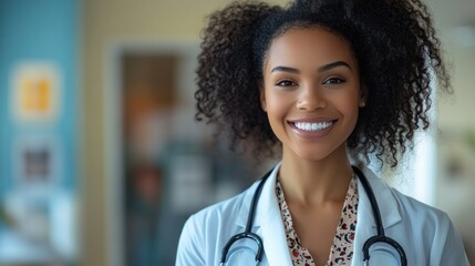 A smiling doctor in a white coat and stethoscope embodies professionalism and care, ideal for medical background designs for clinics or healthcare advertising.