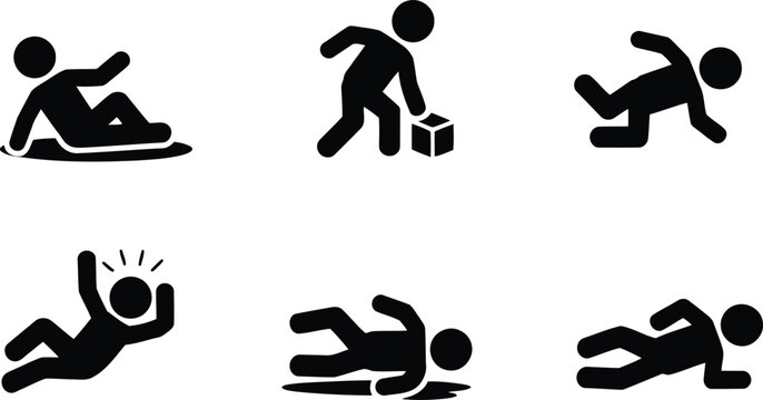 Simple black pictograms illustrate various falling hazards and accidental slips on wet surfaces or obstacles