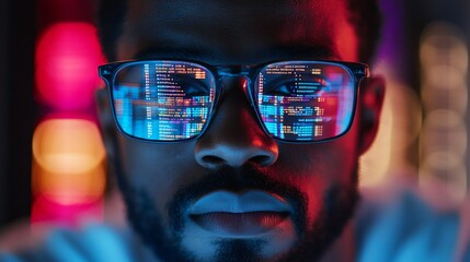 The face of a person wearing glasses with a reflection of code against the backdrop of city lights symbolises the digital age, creating a technological backdrop 