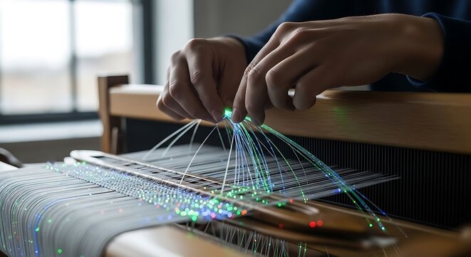 Person Weaving on Loom with Threads.