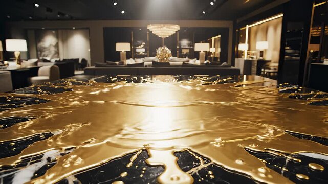 Golden Liquid Splashes and Spreads on Black Marble Table Surface