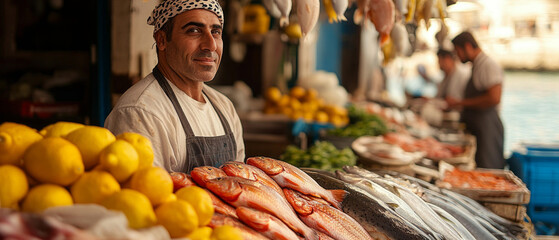 A cheerful vendor at a market stall with bright lemons and fresh fish conveys liveliness and authenticity, which will enhance a culinary or ethnic atmospheric backdrop.