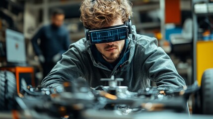 A young engineer wearing VR glasses works on a complex mechanism, embodying innovation and technological progress — a relevant backdrop 