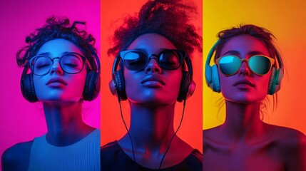 Three stylish girls wearing bright glasses and headphones saturate the composition with neon shades, creating an atmospheric backdrop for advertising audio equipment or fashion accessories.