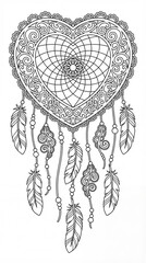 Intricate Heart Design with Dreamcatcher Elements and Feathers