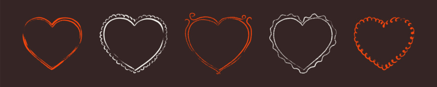 Set of vintage hand drawn filigree victorian heart shape frames. Crayon, chalk, charcoal, pencil coquette style drawing. Design element for Valentines Day card, wedding, bachelorette party invitation