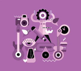 Abstract vector design with woman, birds and various objects.