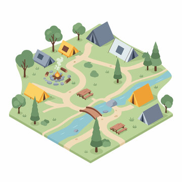 Isometric Detailed Camping Site Map Illustration Environment Location