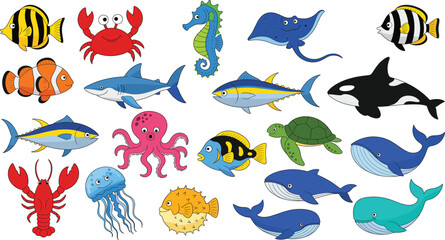Collection of colorful sea creatures including sharks, whales, dolphins, octopus, and tropical fish for marine biology education and underwater ocean themed graphic design.