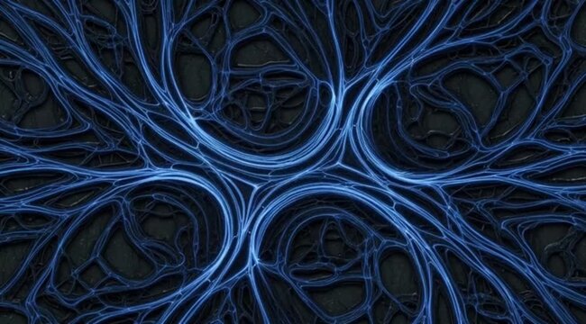 Abstract Blue Glowing Intertwined Neural Network on Dark Background. 4k slow motion.