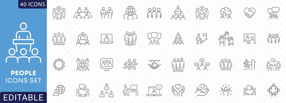 People icon set. Containing group, team, human, family, community, friends, population and more. Outline Icon Collection. Fully Editable. Vector illustration.
