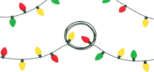 Naklejka premium Colorful festive string lights illustration with red, green, and yellow bulbs on a wire, viewed from above