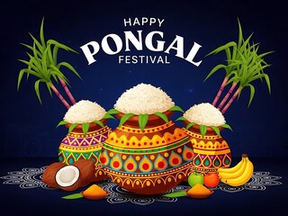 Colorful pots with rice and sugarcane celebrating Pongal festival bananas