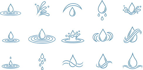 Set of blue water drop line icons with ripples and splashes isolated on white for environment, plumbing, spa, purity, and beverage branding.