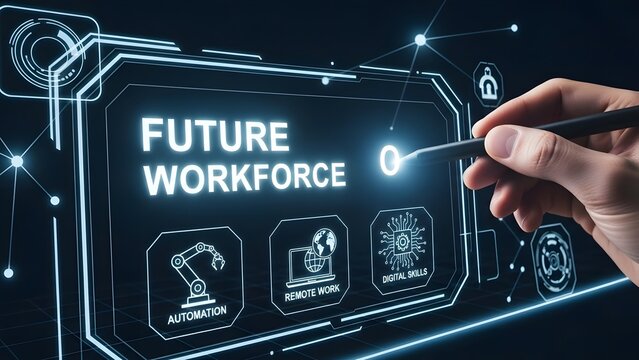 This image depicts a futuristic digital interface displaying the text "FUTURE WORKFORCE." A hand  - Powered by Adobe
