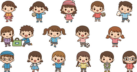 Set of cute diverse children characters in flat anime style isolated on white background for school education, stickers, kids book illustration, and avatars.