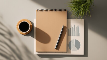 Modern Workspace with Notebook, Coffee, and Business Graphics
