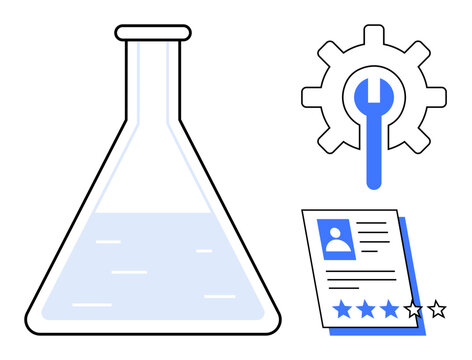 Chemical flask with liquid, blue gear with wrench, and job profile resume with star ratings. Ideal for recruitment, innovation, technology, education, research, career development problem-solving - Powered by Adobe
