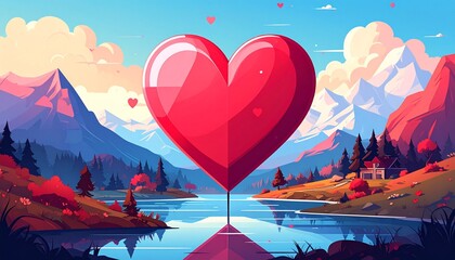 Giant Floating Red Heart Over Reflective Mountain Lake in Sunset Landscape with Love Symbols