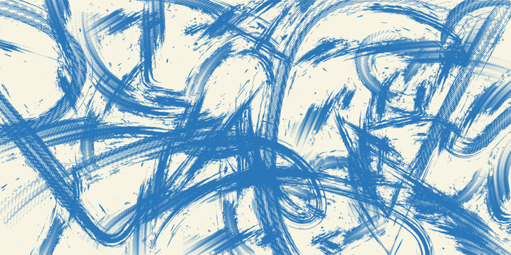 Dynamic diagonal blue brush stroke banner background. Hand drawn vector grainy brush stroke texture. Distress damaged edge vintage template with squiggle or expressive abstract bold smears.