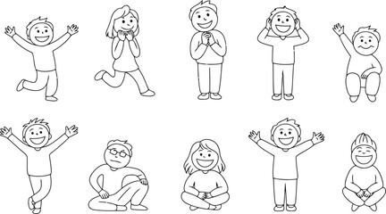 Fototapeta premium Ten diverse hand drawn cartoon people showing a range of happy expressions and active poses