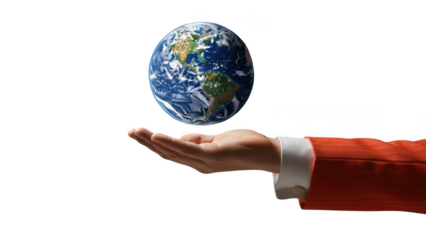 Business hand in red suit sleeve holding floating earth planet globe isolated on transparent background