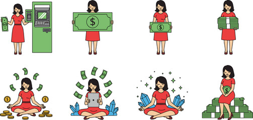 Business woman character set managing money and wealth with cash bank notes and ATM machine icons for financial success and investment concepts.