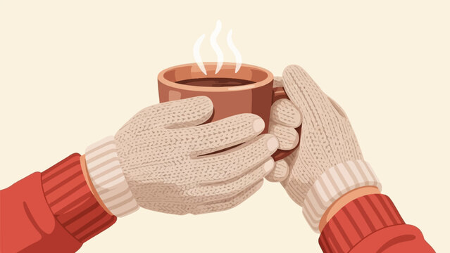 Cozy hands in knitted mittens hold a steaming cup of warm beverage