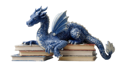 Blue ceramic dragon figurine resting on stacked vintage books fantasy sculpture detailed craftsmanship studio macro photography isolated on white background
