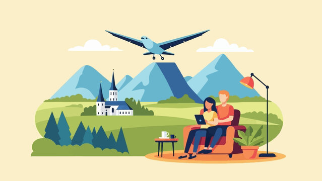 Couple on couch with laptop, overlooking a serene landscape