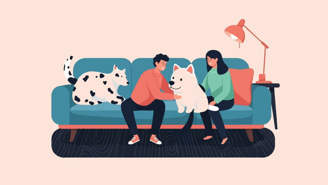 Couple on couch with two dogs and a lamp