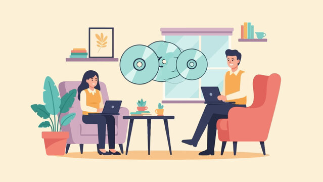 Colleagues collaborate on laptops in a cozy room with floating CDs