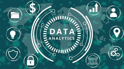 Digital interface displaying global data analytics with interconnected representing finance security and growth on a map background Keywords: data analytics digital interface global network - Powered by Adobe