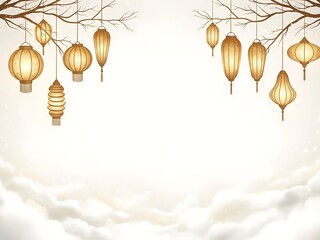 Golden lanterns hanging from bare tree branches against a cloudy sky background bare branches