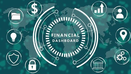 Financial dashboard interface with global economic indicators featuring for finance security and growth on a map background Keywords: financial dashboard digital interface global network technology - Powered by Adobe