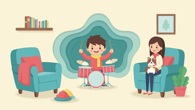 Cheerful siblings enjoy indoor activities drumming and pet cuddles