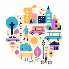 Colorful urban landscape featuring buildings trees people and transportation in a circle