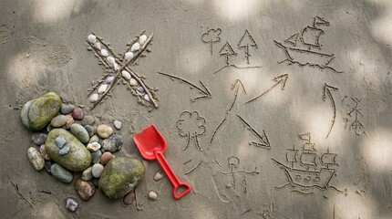 Childs treasure map drawn in beach sand. Handmade pirate adventure with ship trees X marks arrows sticks rocks and shovel. Imagination creativity and exploration concept for kids summer fun