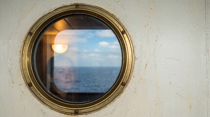Woman looking through circular ship porthole at calm ocean and blue sky. Maritime travel and sea voyage concept. Exploration adventure imagery for nautical themes.
