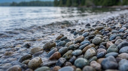 Closeup texture of wet pebbles on beach shore. Shallow water rippling over smooth stones. Natural rocky shoreline pattern for relaxation and nature backgrounds.