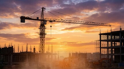 Silhouette of tall construction crane against colorful sunset sky. Urban building development with multiple structures and machinery. Modern city skyline and industrial progress concept