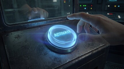 Hand pressing glowing activate button on futuristic control panel. Sci-fi technology interface for virtual reality and gaming. Digital 3d render of high-tech console activation in cyber world.