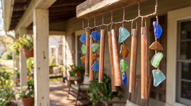 Closeup of handmade wind chime with colorful sea glass and wooden tubes hanging on rustic porch. Coastal home decoration and artisan craft concept for outdoor ambiance.