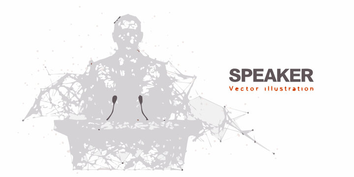 a gray silhouette of a speaker at a podium with microphones