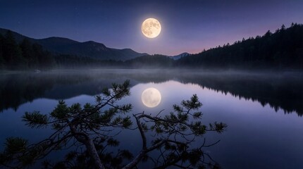 Full moon rising over misty mountain lake at night. Serene wilderness landscape with pine tree and water reflection. Nature scene evoking tranquility and natural beauty in autumn evenings.