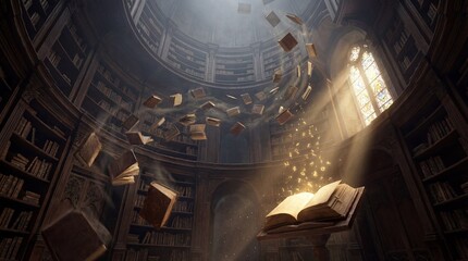 Magical library interior with flying books swirling in enchanted air. Domed ancient hall filled with floating volumes around illuminated pedestal book. Mystical knowledge sanctuary for fantasy