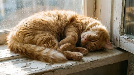 Orange tabby cat sleeping curled up on sunny windowsill. Intimate closeup of peaceful domestic pet napping in warm light. Cozy home relaxation concept for animal lovers and interior mood.
