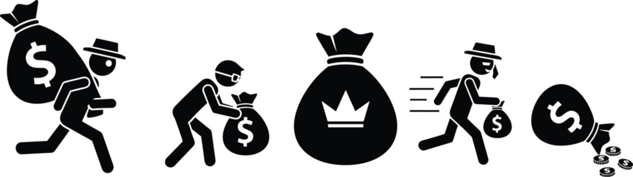 Thief silhouette running with money bag, crime icon, financial theft illustration, robbery concept, stolen cash, black figure, dollar sign