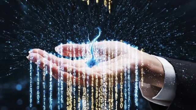 Neuroscience AI Interaction concept. Hand holding a glowing digital entity with binary code flowing down.
